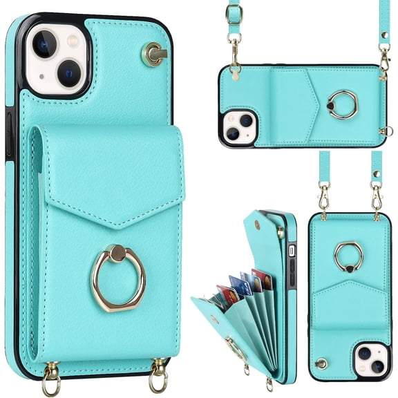 MYKOMI for iPhone 15 Plus Case 6.7 inch, Minimalist Wallet Case with Ring Kickstand and Shoulder Strap, Shockproof Stylish Protective Cover for iPhone 15 Plus