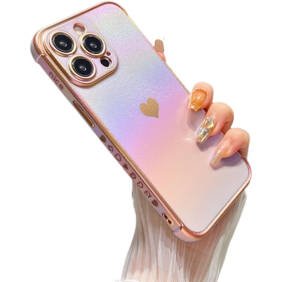 MYKOMI for iPhone 15 Pro Case 6.1 inch,Cute Colorful Iridescent Plating Edge Case with Love Hearts Pattern,Camera Lens Protection Shockproof Phone Case for Women Girls