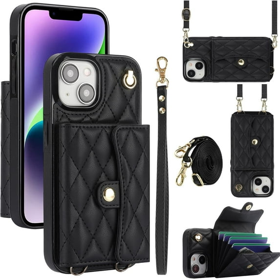 MYKOMI for iPhone 15 Pro Max (6.7 inches) Organ Wallet Case with Kickstand and 4 Card Slots RFID Blocking and Wrist Strap Crossbody Strap Lanyard PU Leather Fashion