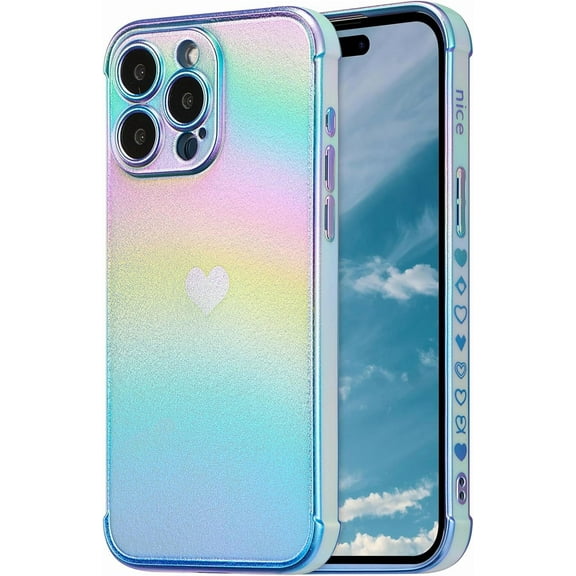 MYKOMI for iPhone 15 Pro Max Case 6.7 inch,Cute Colorful Iridescent Plating Edge Case with Love Hearts Pattern,Camera Lens Protection Shockproof Phone Case for Women Girls