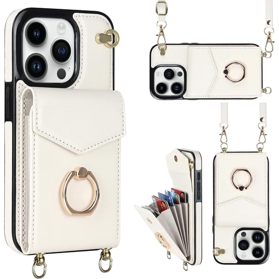 MYKOMI for iPhone 15 Pro Max Case 6.7 inch, Minimalist Wallet Case with Ring Kickstand and Shoulder Strap, Shockproof Stylish Protective Cover for iPhone 15 Pro Max