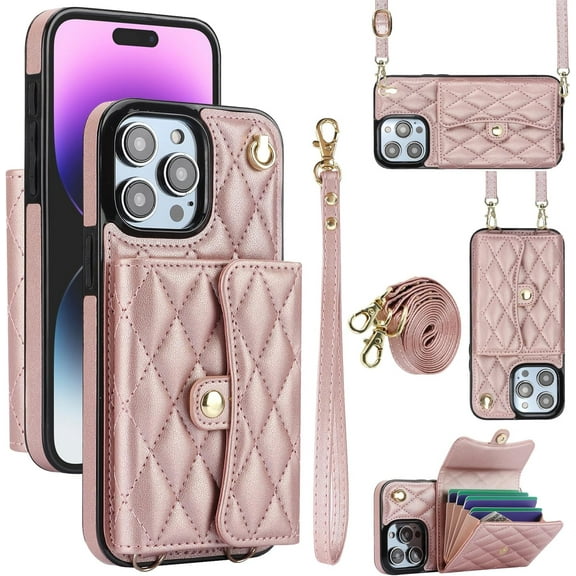 MYKOMI for iPhone 15 Pro Max Case, Wallet Cute Leather Case with Card Holder Crossbody Cover for Women Girls Strap Wristlet RFID Blocking Shockproof Protective Cover