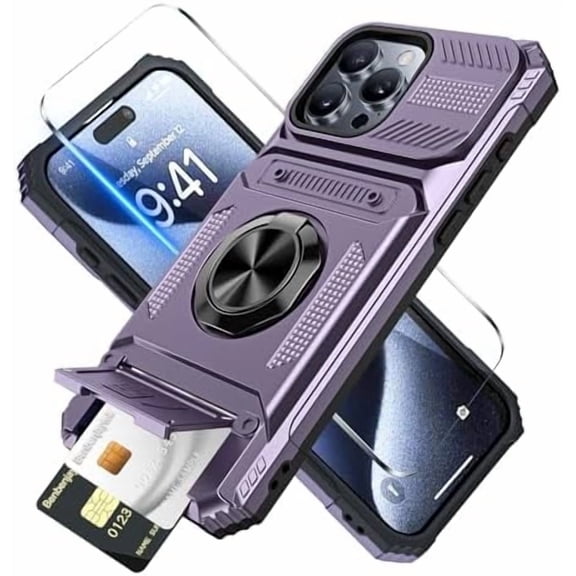 MYKOMI for iPhone 15 Pro max Wallet Case with Card Holder + 1 Screen Protector, (2 Cards) & 360°Ring Kickstand Military Grade Drop Shockproof Rugged Case for iPhone 15 Pro Max 6.7"