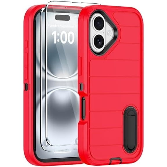 MYKOMI for iPhone 16 Case with 2 Screen Protectors,Heavy Duty Shockproof Drop Protection Military Grade Tri-Layer Rugged Cell Phone Cover with Built-in Invisible Kickstand for Apple 16 6.1“