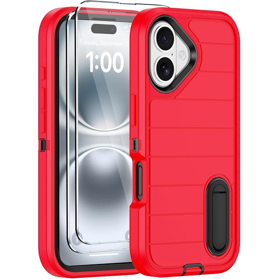 MYKOMI for iPhone 16 Case with 2 Screen Protectors,Heavy Duty Shockproof Drop Protection Military Grade Tri-Layer Rugged Cell Phone Cover with Built-in Invisible Kickstand for Apple 16 6.1“