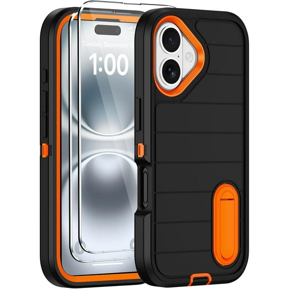 MYKOMI for iPhone 16 Case with 2 Screen Protectors,Heavy Duty Shockproof Drop Protection Military Grade Tri-Layer Rugged Cell Phone Cover with Built-in Invisible Kickstand for Apple 16 6.1“