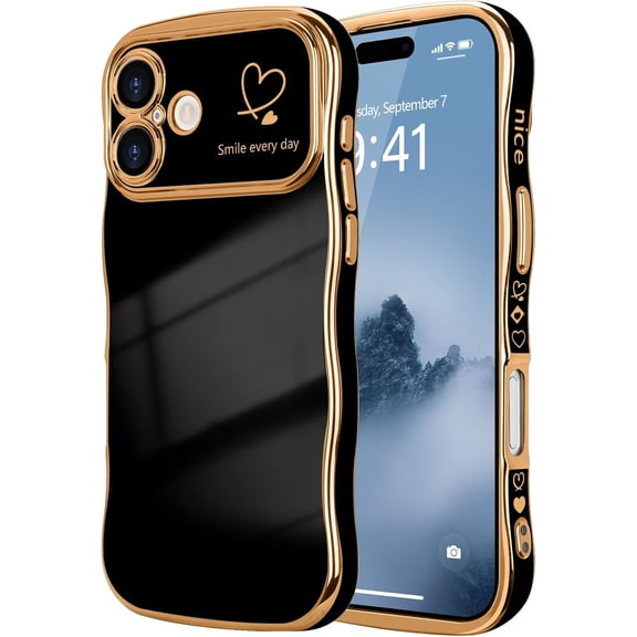 MYKOMI for iPhone 16 Case for Women Girls, Cute Wave Frame Curly Shape with Love Heart Pattern Raised Camera Protection Cover Luxury Plating Shockproof Phone Case for iPhone 16