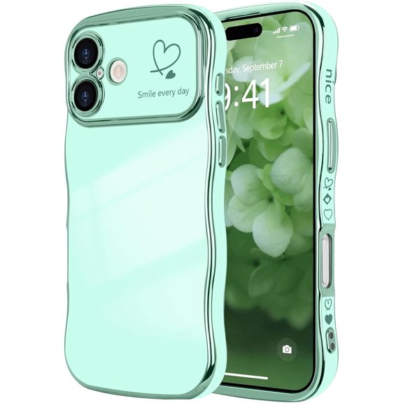 MYKOMI for iPhone 16 Case for Women Girls, Cute Wave Frame Curly Shape with Love Heart Pattern Raised Camera Protection Cover Luxury Plating Shockproof Phone Case for iPhone 16