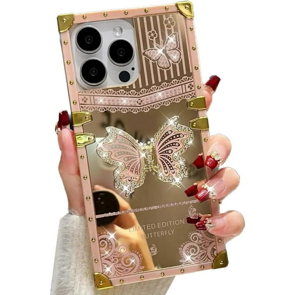 MYKOMI for iPhone 16 Pro Max Butterfly Stand Case, Glitter Bling Foldable Kickstand Woman Girly Mirror Back Golden Plated Shockproof Protective Elegant Cute Soft Cover for iPhone 16 Pro Max