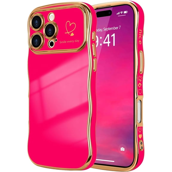 MYKOMI for iPhone 16 Pro Max Case for Women Girls, Cute Wave Frame Curly Shape with Love Heart Raised Camera Protection Cover Luxury Plating Shockproof Phone Case for iPhone 16 Pro Max