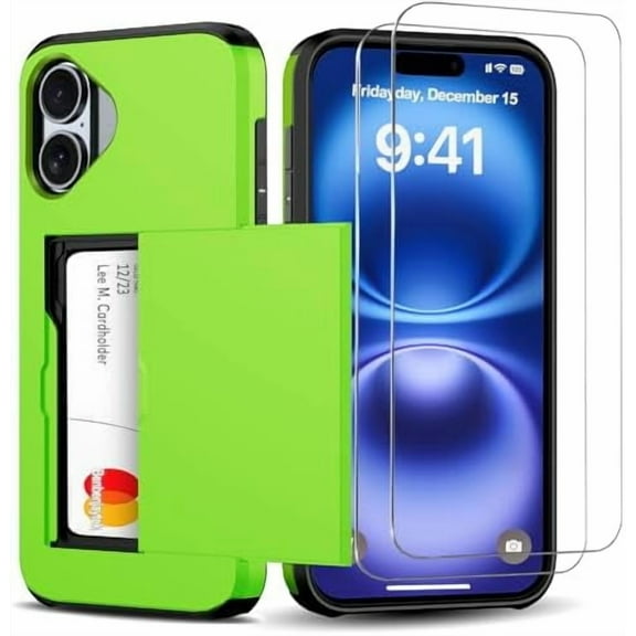 MYKOMI for iPhone 16 Wallet Case with Card Holder + 2 Tempered Glass Screen Protector Protective Dual Layer Shockproof Hidden Card Slot Slim Case Women Men iPhone 16 6.1 inch 2024