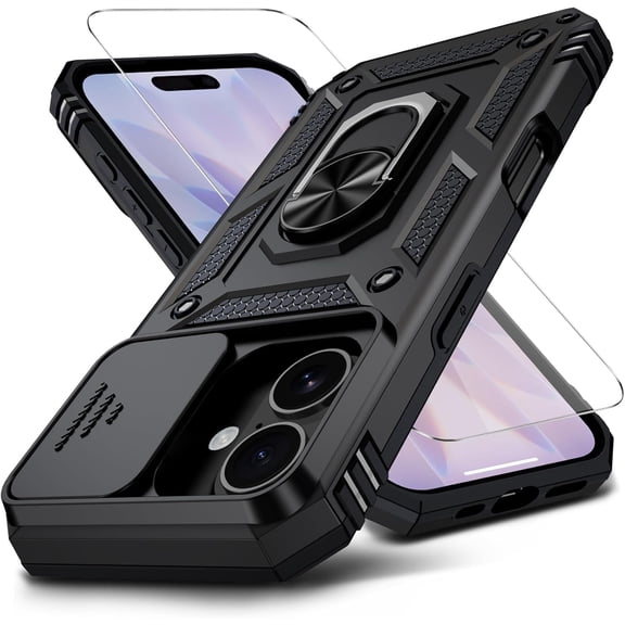 MYKOMI for iPhone 17 Case with HD Screen Protector & Slide Camera Cover & Rotated Ring Kickstand, [Military-Grade] Rugged Heavy Duty Protective Phone Case for iPhone 17 6.3 inch