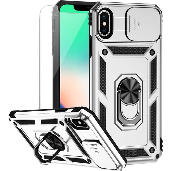 MYKOMI for iPhone X / iPhone Xs Case with Camera Lens Cover HD Screen Protector, Military Grade Drop Protection Magnetic Ring Holder Kickstand Protective Phone Case for iPhone X / Xs 5.8 inch