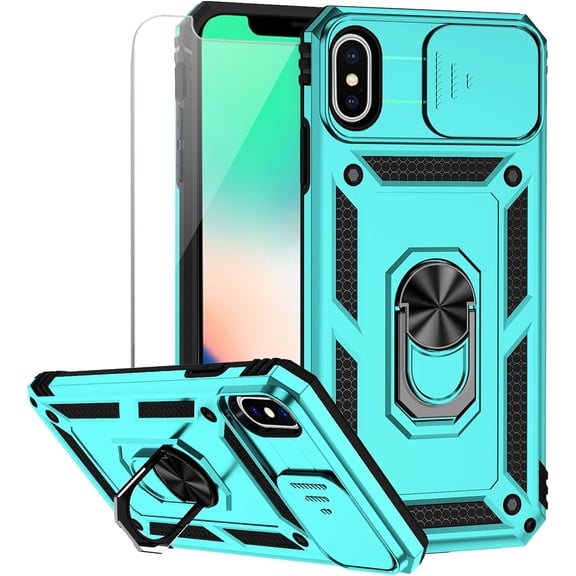 MYKOMI for iPhone X / iPhone Xs Case with Camera Lens Cover HD Screen Protector, Military Grade Drop Protection Magnetic Ring Holder Kickstand Protective Phone Case for iPhone X / Xs 5.8 inch