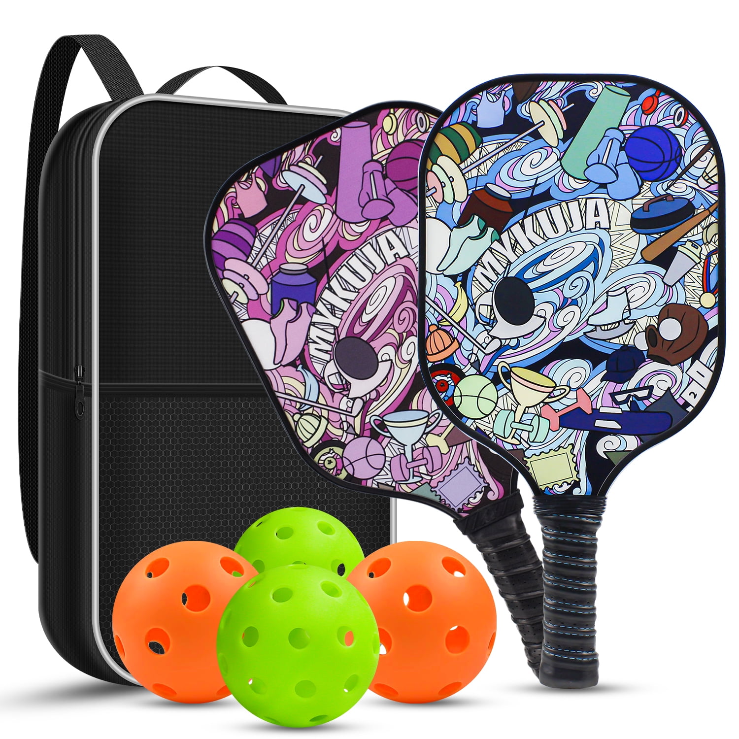 MYKUJA Pickleball Paddles Set of 2 Paddles,4 Pickleball Balls, Lightweight Fiberglass Surface&Honeycomb Core Pickleball Set Gifts for Men Women