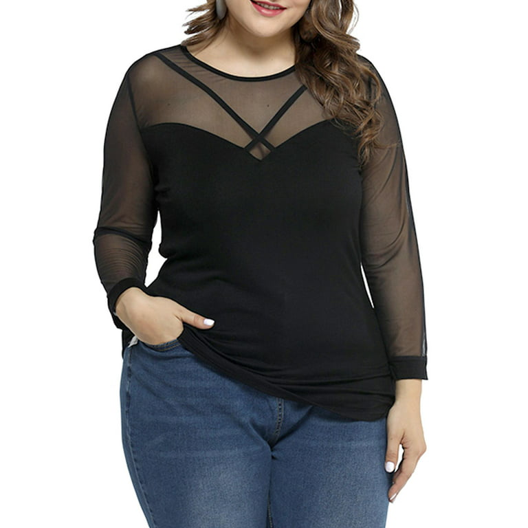 MYLookk Women Plus Size Blouse See Through Sheer Long Sleeve Tops Shirt 