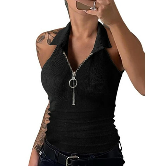 MYLookk Women Sleeveless Zipper Lapel Neck Tank Tops Cami T Shirt Blouse