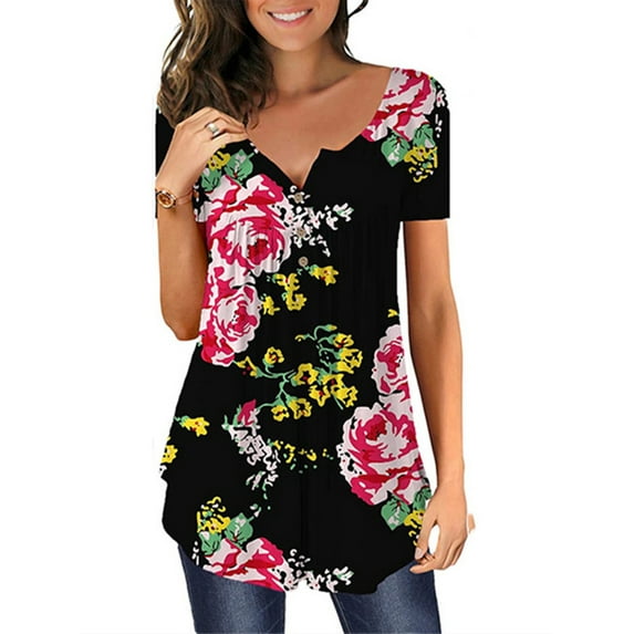 MYLookk Women Summer Pleated Short Sleeve Tunic Tops Button Down Casual Blouse