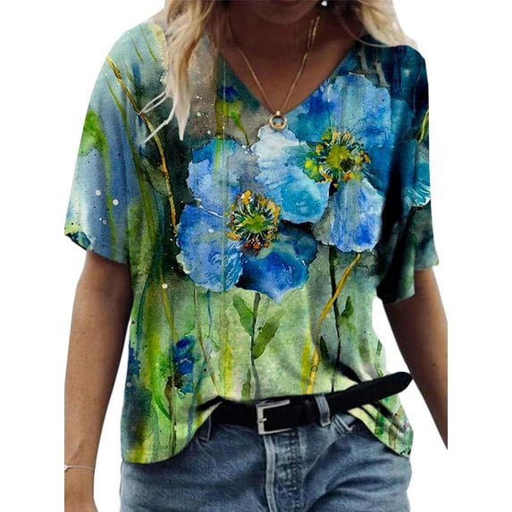 MYLookk Women Summer T Shirt Short Sleeve Printed Casual Tee Blouse Loose Tops