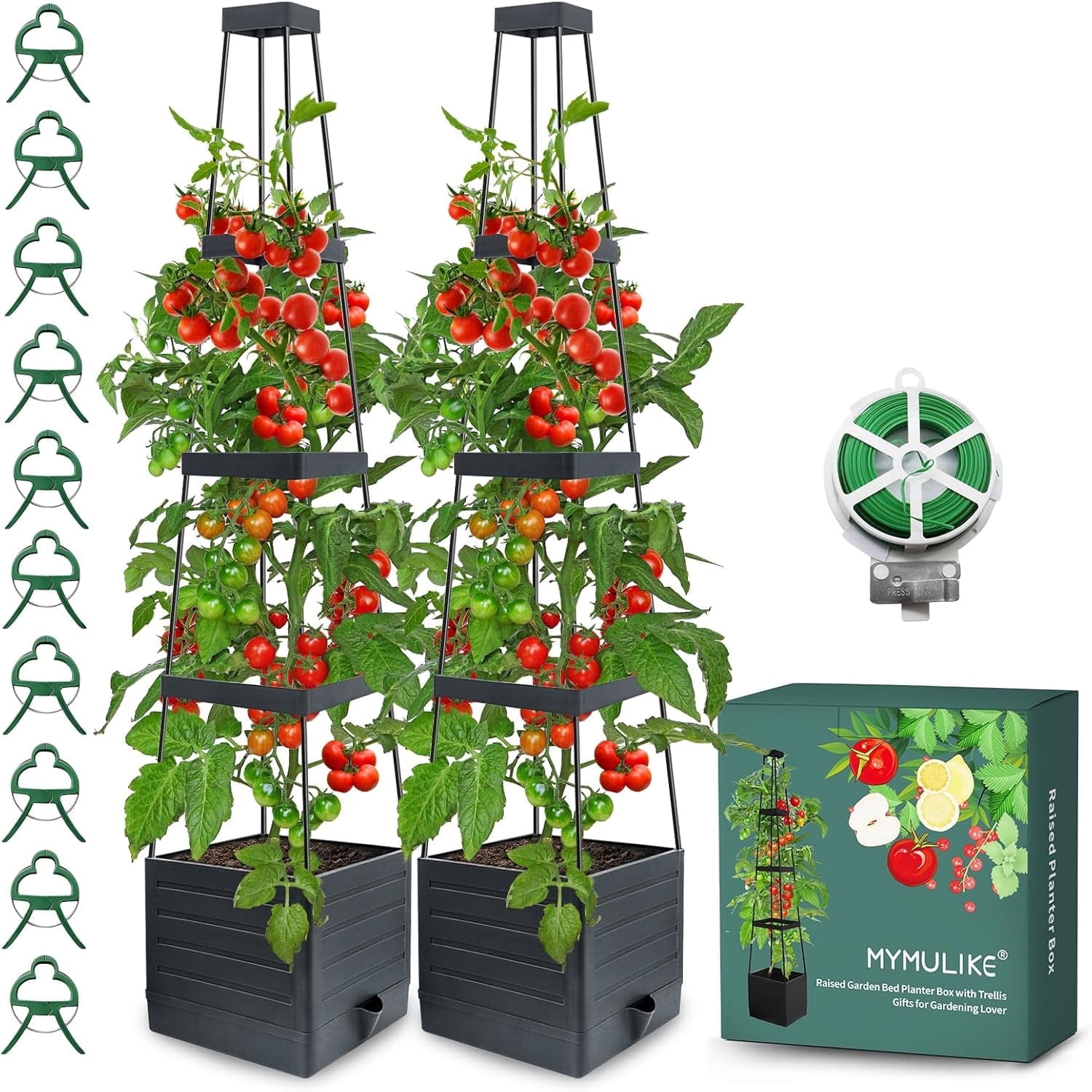 MYMULIKE Raised Garden Bed Planter Box with Trellis, 58” Tomato Cage Planter Raised Garden Bed with Trellis for Climbing Vegetables Plants Tomato Cage w/Self-Watering, Indoor Outdoor Use (2)