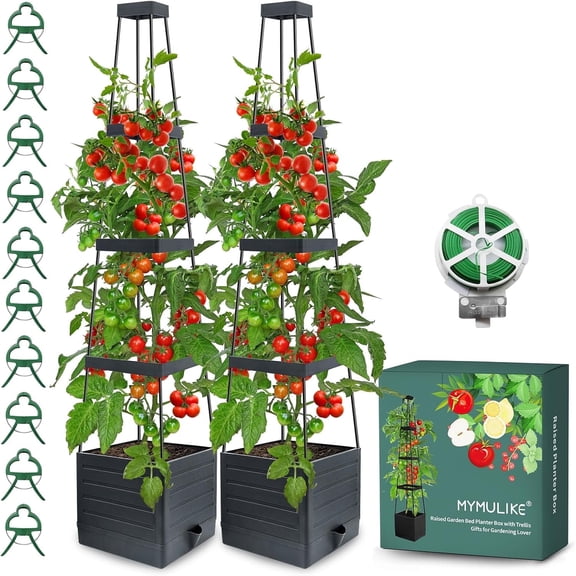 MYMULIKE Raised Garden Bed Planter Box with Trellis, 58” Tomato Cage Planter Raised Garden Bed with Trellis for Climbing Vegetables Plants Tomato Cage w/Self-Watering, Indoor Outdoor Use (2)
