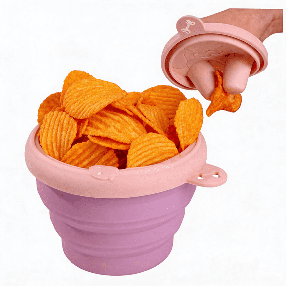MYMULIKE Snack Finger Container, 2-in-1 No-Mess Snack Container with Fingertip Cover Portable Silicone Foldable Food Containers for Travel Camping Outdoor Keep Hands Clean (Pink)