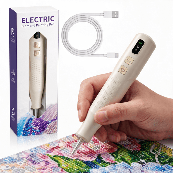MYMULIKE White Rechargeable Diamond Art Drill Pen Kit, 2 Speed Electric Pen with Built-In Lighting for DIY Craft, Ideal Gift for Craft Lovers