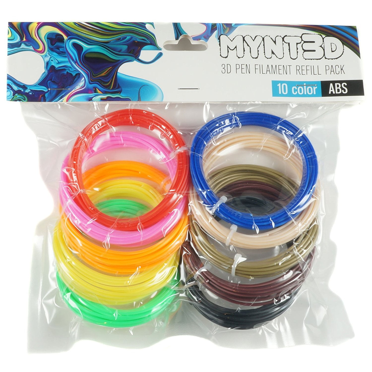 MYNT3D ABS 3D Pen Filament Refill Pack (10 Color, 3M Each)
