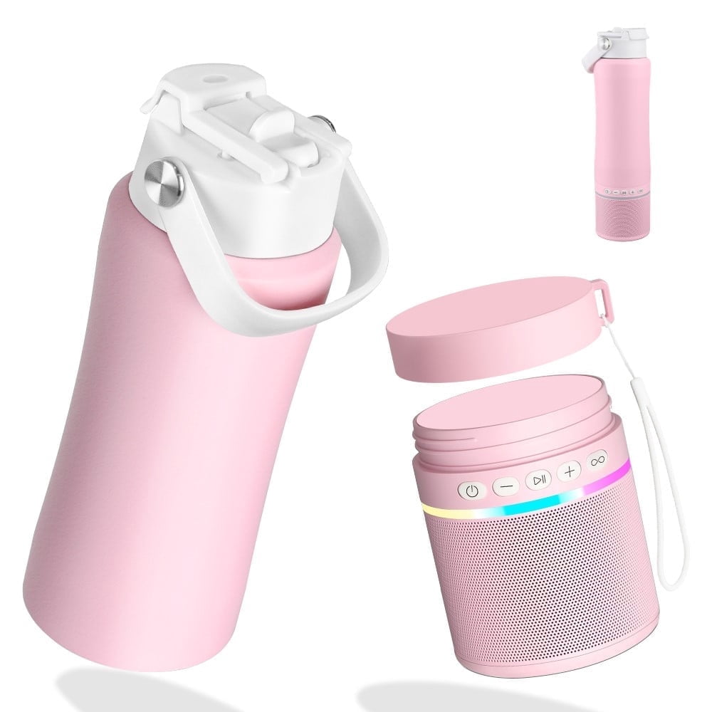 MYONAZ Insulated Water Bottle Bluetooth Speaker 2-in-1 18oz Stainless Steel Tumbler with Portable Speaker Ideal for Outdoor, School and Family Activities（Pink）