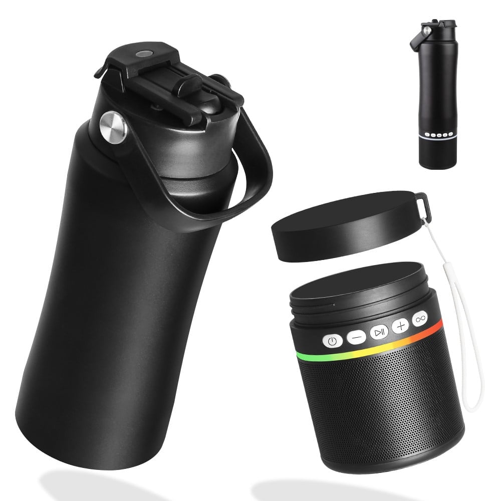 Myonaz Bluetooth Speaker Water Bottle 18oz, Insulated Stainless Steel Tumbler with LED Lights, Portable Wireless Speaker, Leakproof, Hot & Cold (Black)