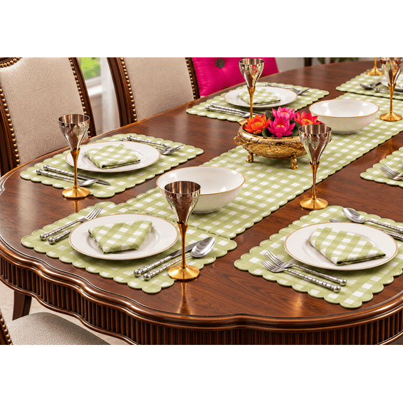 MYOON Sage Green Gingham Table Linen with Scalloped Edges Set of 13(6 napkins, 6 placemats and 1 runner)