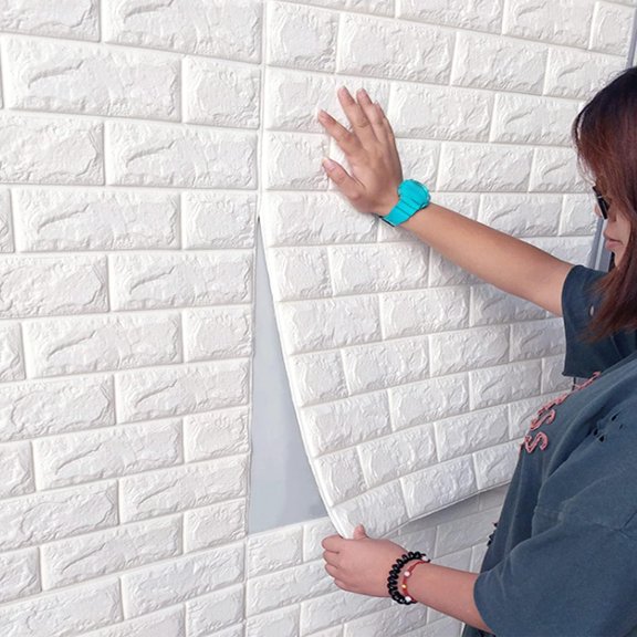 MYOYAY 10 Pcs 3D Wall Panels Peel and Stick 27.5 x 30.3 Inch (in Sum 57 sq.ft.) White Brick Wallpaper Self-Adhesive Foam Wall Panels for Living Room Bedroom Background Wall Decor