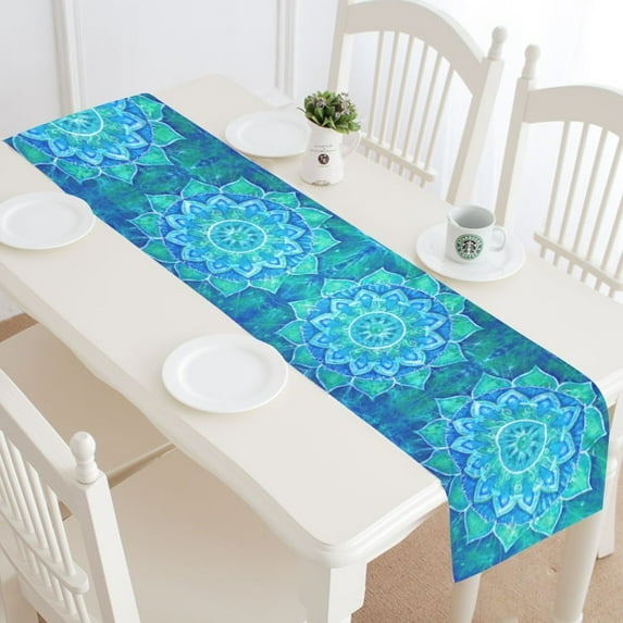 MYPOP Abstract Bohemian Blue Flower Table Runner Placemat 16x72 inches, Ethnic Floral Mandala Tablecloth for Office Kitchen Dining Wedding Party Home Decor