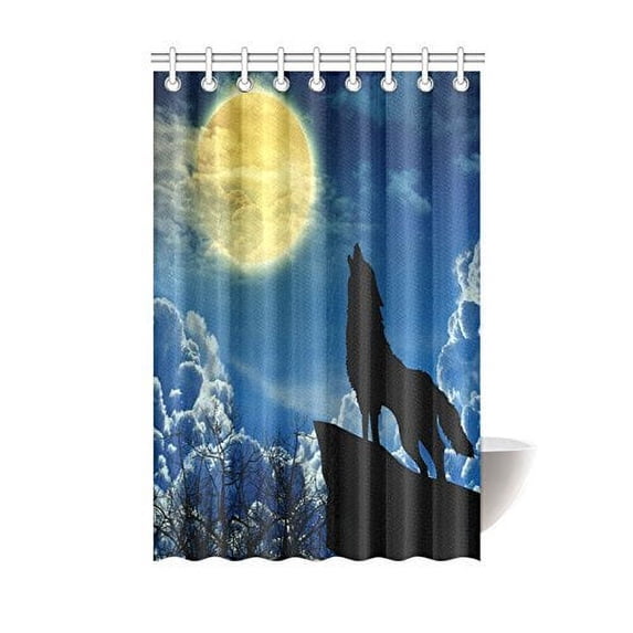 MYPOP Animal Wolf Silhouette Howling Stood on A High Cliff Edge Full Moon Light Mystic Night Monochrome Scary Scene Art Charcoal Bathroom Shower Curtain 48 X 72 Inches