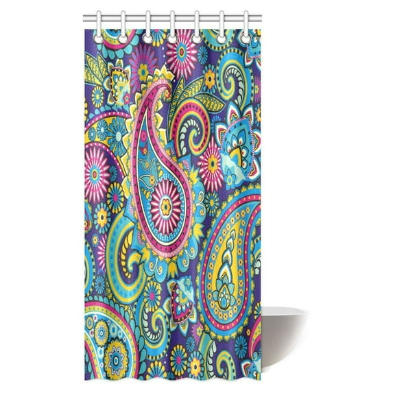 MYPOP Asian Decor Shower Curtain, Colorful Paisley Floral Pattern Classical Ornamental Medieval Ethnic Art Fabric Bathroom Shower Curtain Set with Hooks, 36 X 72 Inches