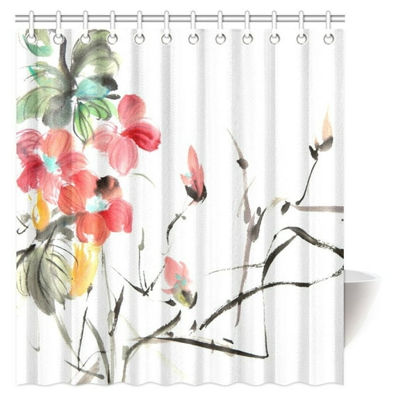 MYPOP Asian Oriental Ink Painting Shower Curtain, Chinese Traditional Painting of Ink Artwork with Colorful Flowers Fabric Bathroom Shower Curtain with Hooks, 66 X 72 Inches