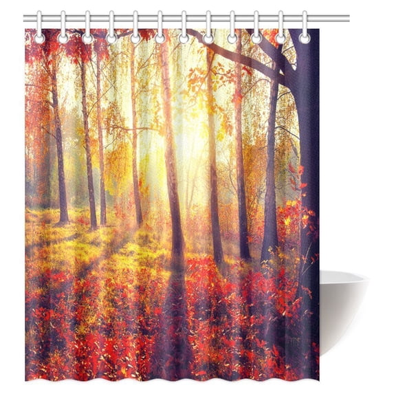 MYPOP Autumn Fall Farm House Decor Shower Curtain Set, Beautiful Autumn Trees and Leaves in Sun Rays Print Fabric Bathroom Shower Curtain, 60 X 72 Inches