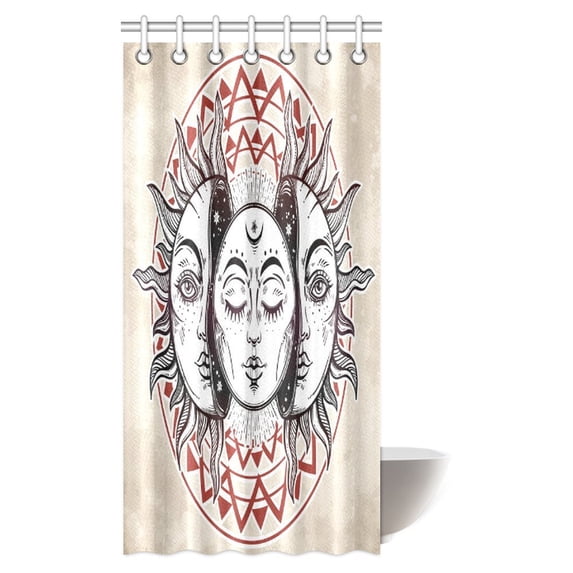 MYPOP Beautiful Sun and Moon Shower Curtain, Vintage Magic Spiritual Celestial Theme Sun with Crescent Moon Midnight Art Fabric Bathroom Shower Curtain Set with Hooks, 36 X 72 Inches