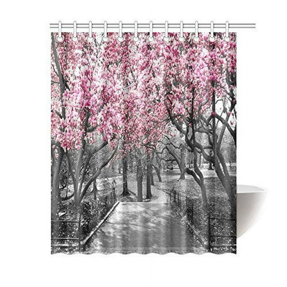 MYPOP Blossoms in Central Park Cherry Bloom Trees Forest Spring Springtime Landscape Polyester Fabric Bathroom Shower Curtain Set with Hooks, 60 X 72 Inches, Pink Gray