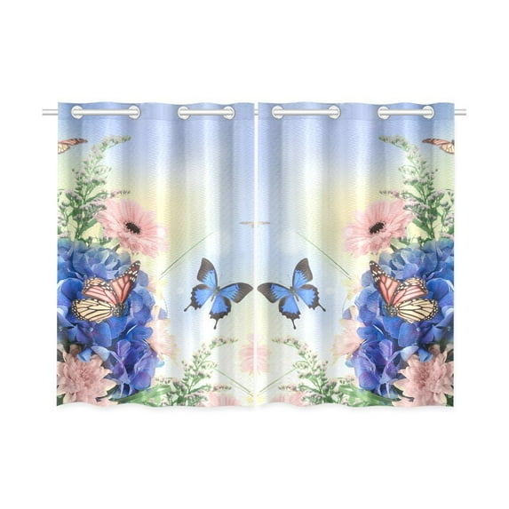 MYPOP Blue Hydrangeas And Butterfly Window Curtain Home Decor Kitchen Curtain 26x39 inches (Two Pieces)