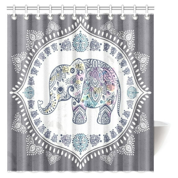 MYPOP Bohemian Elephant Shower Curtain, Indian Lotus Cute Ethnic Elephant Polyester Fabric Bathroom Set with Hooks, 66 X 72 Inches