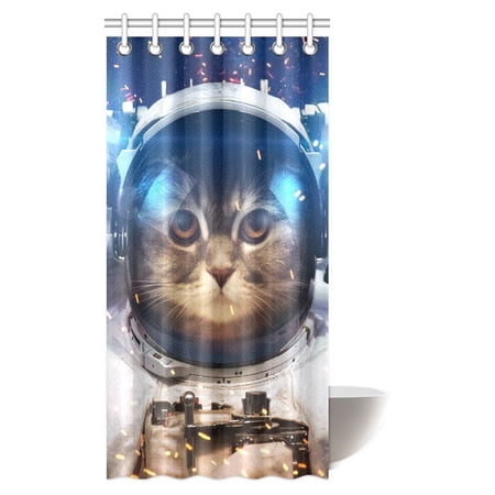 MYPOP Cat Decorations Shower Curtain, Astronaut Cat in Space Graphic Galaxy Cosmos Art Prints for Kids Cute Kitten Design Decor Shower Curtain Set with Hooks, 36 X 72 Inches