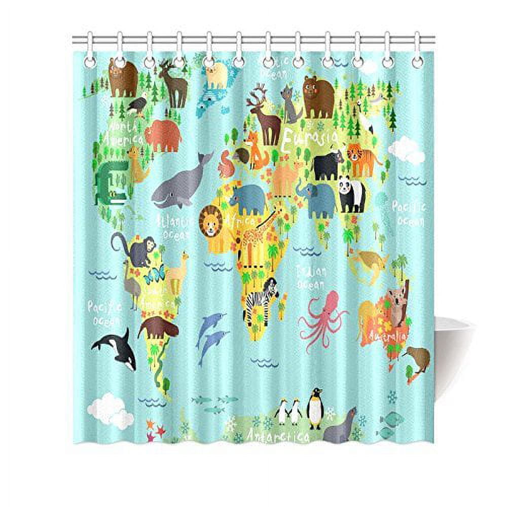 MYPOP Children Kids Shower Curtain Decor, Animal Map of the World for