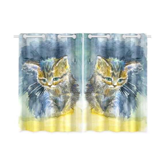MYPOP Cute Kitten on Blue Artistic Window Curtain Kitchen Curtain 26x39 inches (Two Piece)