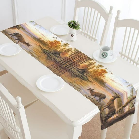 MYPOP Deer Walking at the River Bank Table Runner Placemat 16x72 inches, Autum Tree Scene Tablecloth for Office Kitchen Dining Wedding Party Home Decor