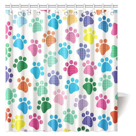 MYPOP Dog Lover Decor Shower Curtain Set, Colorful Little Paws Cute Footprints Childish Artwork Cartoon Unusual Traces Fabric Bathroom Decor Set with Hooks, 66 X 72 Inches