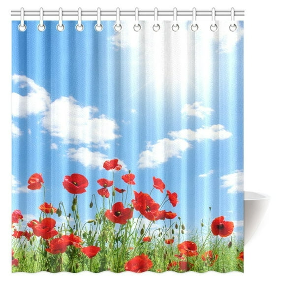 MYPOP Farm House Shower Curtain, Red Poppies on Green Field Fabric Bathroom Decor Shower Curtain Set with Hooks, 66 X 72 Inches