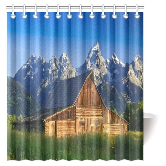 MYPOP Farmhouse Shower Curtain, The Moulton Barn and the Teton Mountain Range in Grand Teton National Park Wyoming Fabric Bathroom Shower Curtain Set with Hooks, 66 X 72 Inches