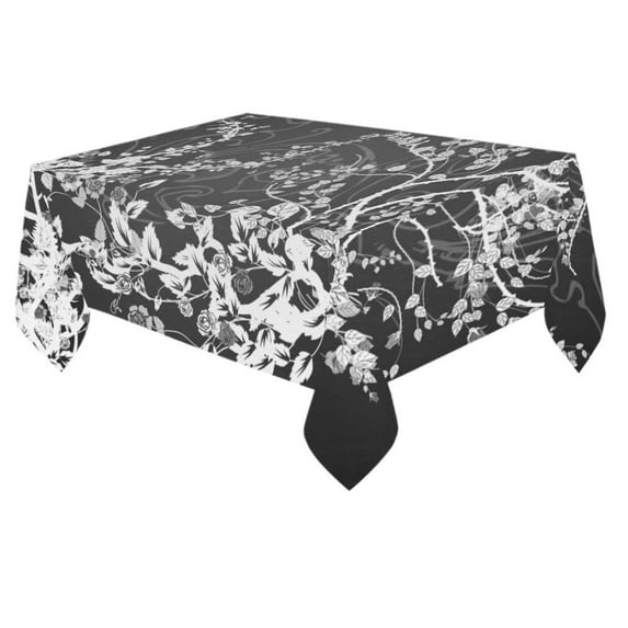 MYPOP Flowers In Black And White Cotton Linen Tablecloth 60x84 inches Tablecover Desk Table Cloth For Dining Room, Tea Table, Picnics, Parties