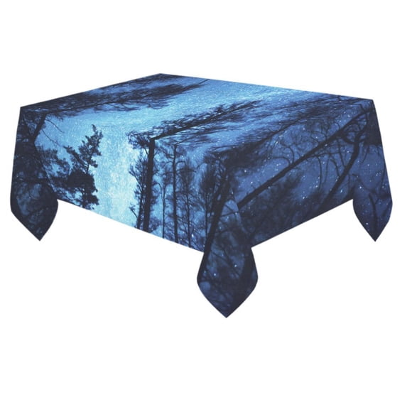 MYPOP Forest Night Sky Starry Night Cotton Linen Tablecloth 60x84 Inches, Cosmos Galaxy Milky Way Table Cloth Cover for Kitchen Party Home Decor